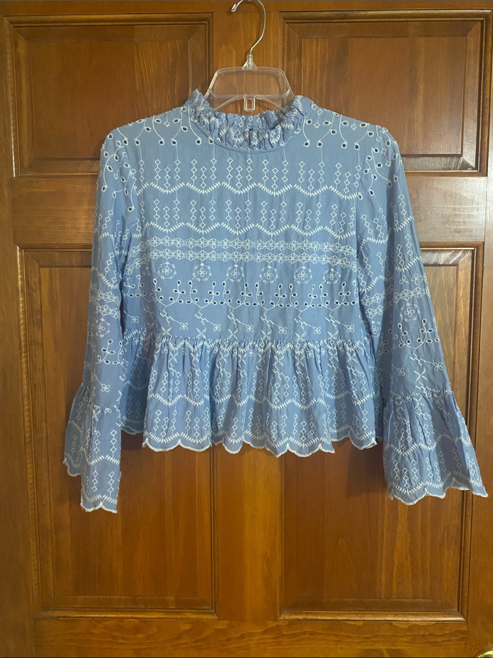 Blue Eyelet Ruffle Peplum Blouse - Women's Top